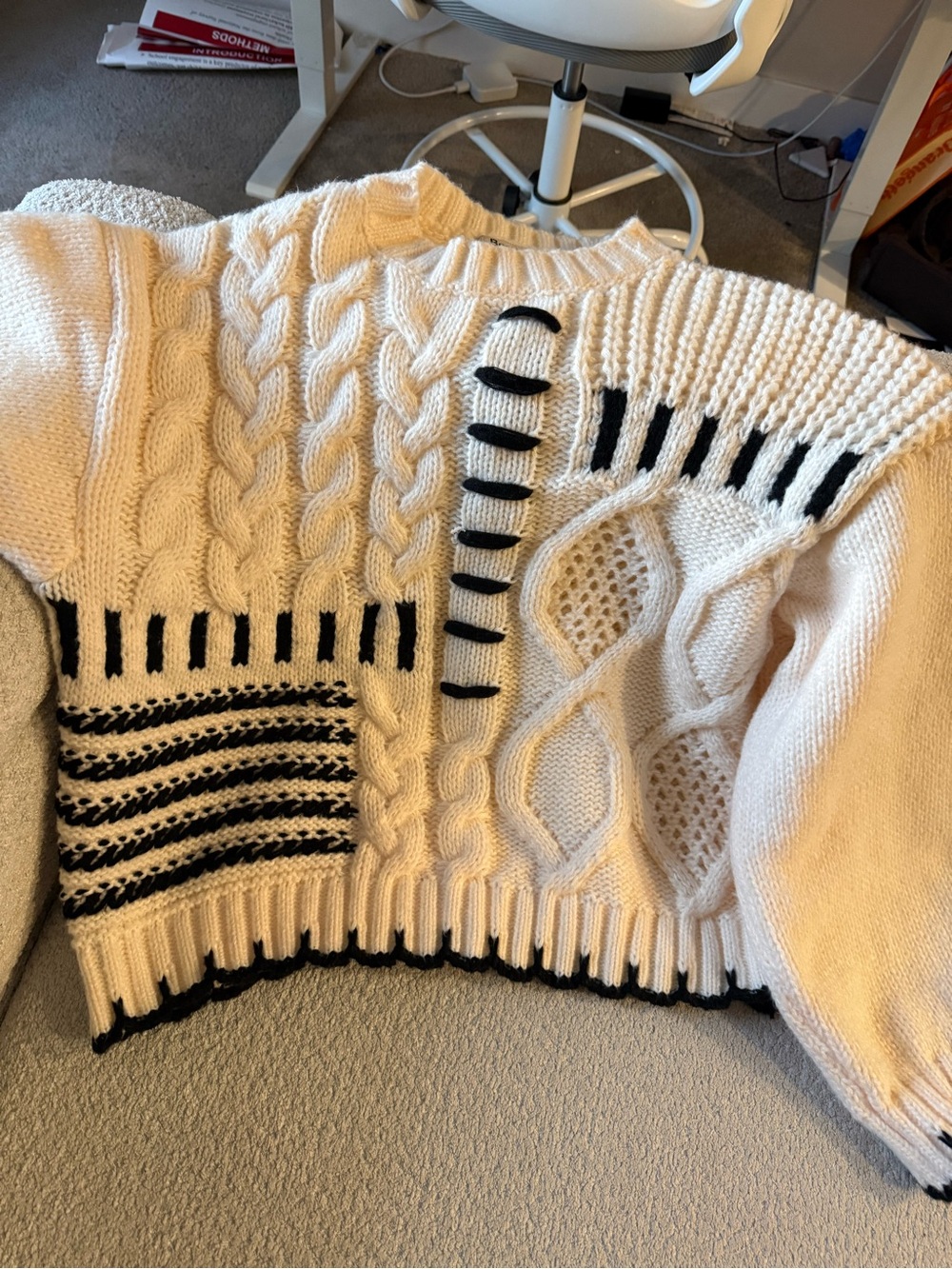 Cream Cable Knit Sweater with Black Contrast Stitching